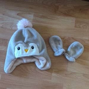 Taupe Penguin Fleece Hat and Mittens